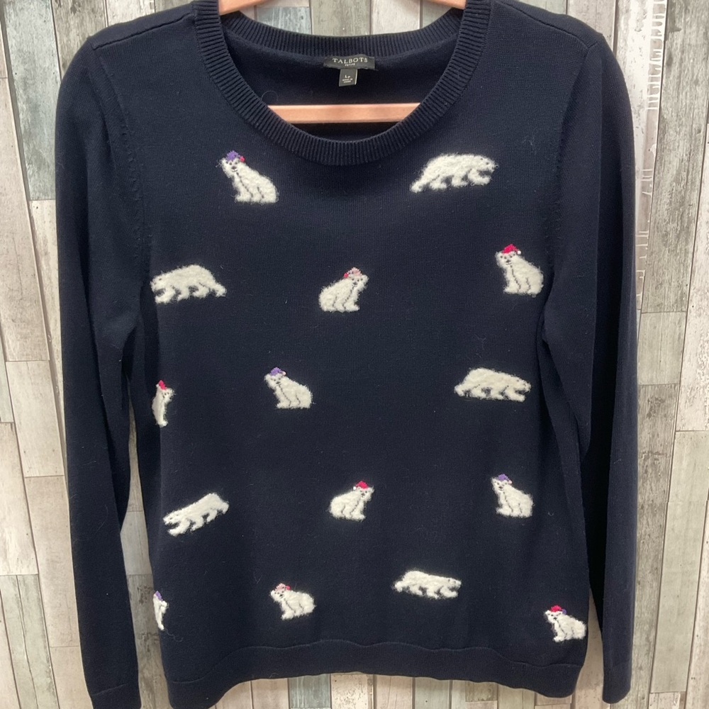 Talbots Petites Blue Polar Bear Sweater Sz Lp - Picture 1 of 4